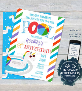 Editable Unicorn Pool Party Invitation, Girls Unicorn Birthday Pool Party, Any Age Rainbow Birthday Party, Summer Printable