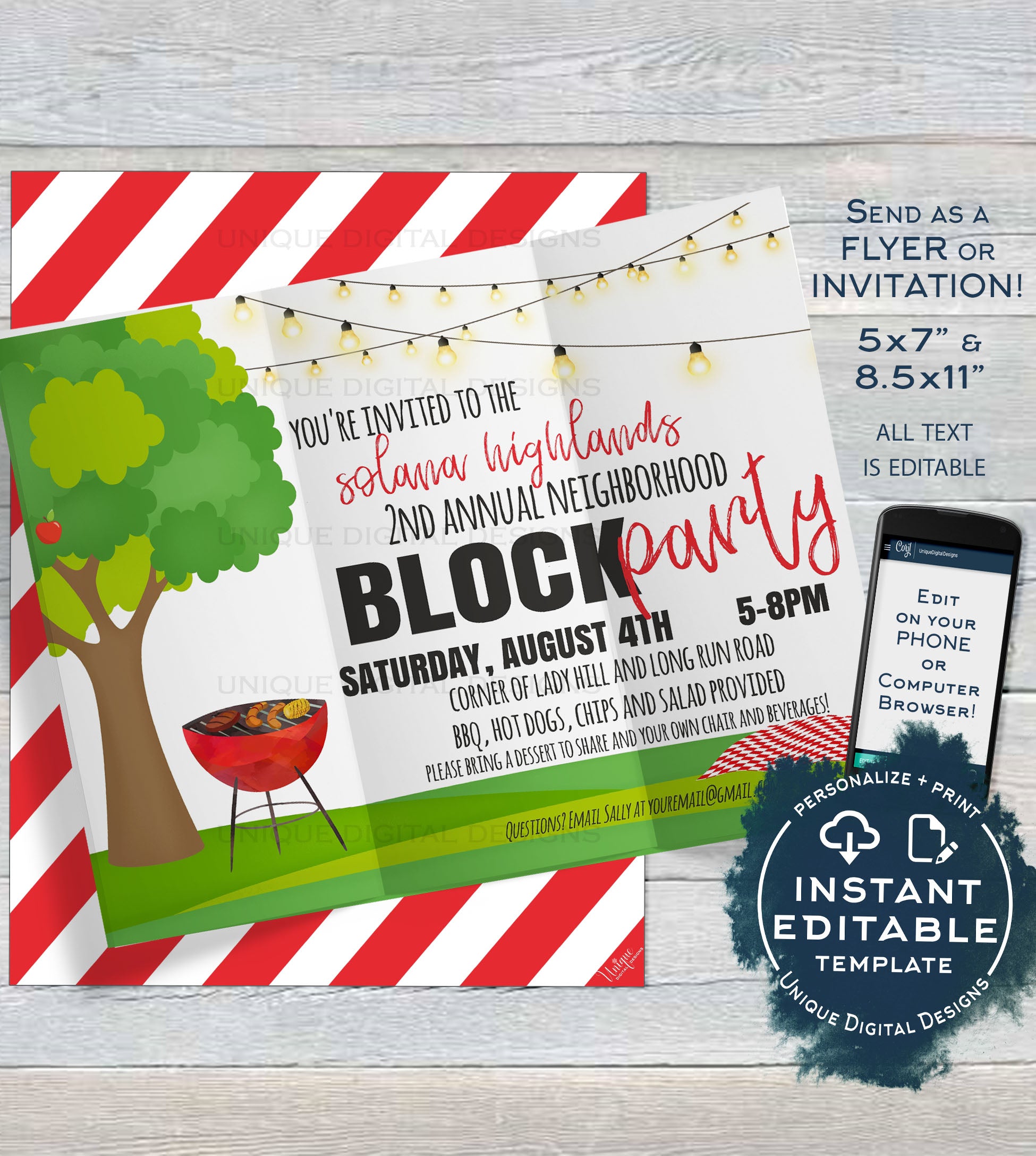 Editable Block Party Invitation , Neighborhood Street Party, Backyard