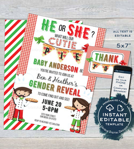 Editable Pizza Party Gender Reveal Invitation, He or She Cutie Pie Pizza Invite, What will Baby be Italian Custom Printable