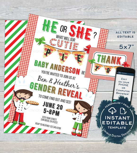 Editable Pizza Party Gender Reveal Invitation, He or She Cutie Pie Pizza Invite, What will Baby be Italian Custom Printable