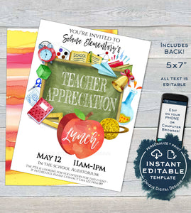Editable Teacher Appreciation Lunch School Invitation, School Staff Appreciation Luncheon Invite, PTA School Flyer