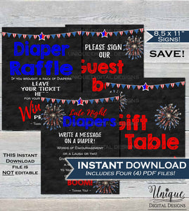 Baby Shower Signs, Late Night Diaper Thoughts Diaper Raffle Gift Table Guestbook, 4th of July Firecracker Party Decor Print