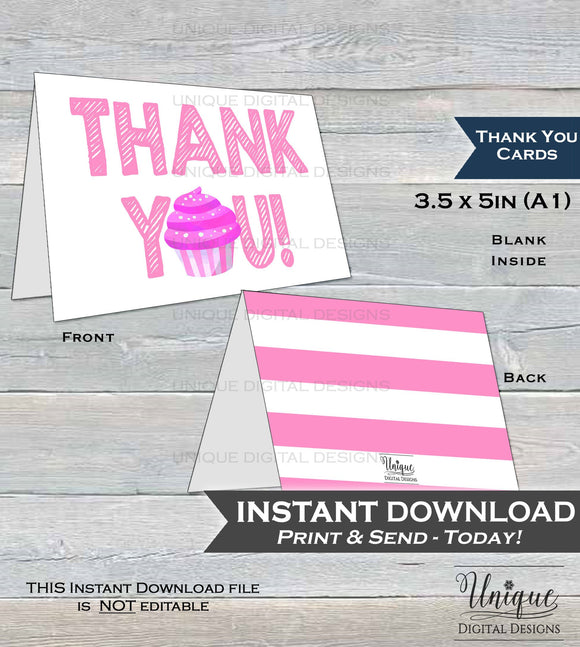 Printable Thank You Card Sweet Cupcake Birthday Thank You Pink Girls Cupcake Thanks, Folded Card, Sprinkles 1st Birthday  A1