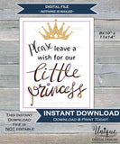 Little Princess Sign, Leave a Wish Sign, Glitter Gold Pink Pretty Princess Party Decoration, Printable Poster,  11x14
