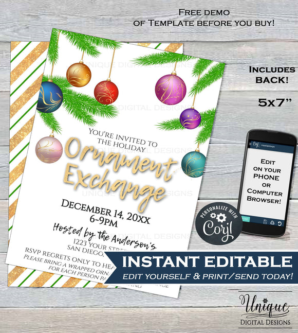 Ornament Exchange Invitation, Editable Christmas Ornament Party Invite, Holiday Party Decoration Gift Printable Custom