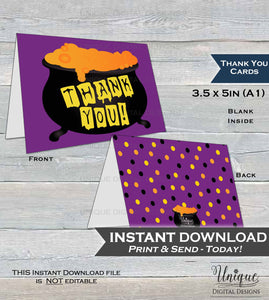 Halloween Thank You Card, Halloween Birthday Thank You, Witch Thanks, Folded Card, Spooky Cauldron Printable Thank You  A1