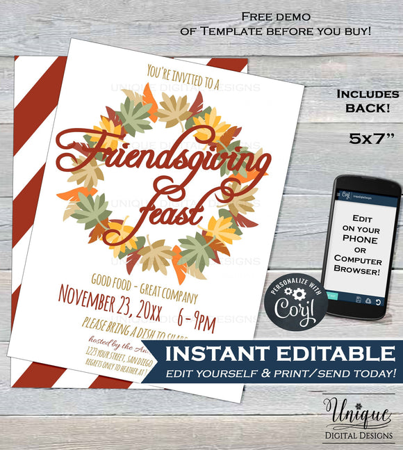Friendsgiving Invitation Editable, Thanksgiving Feast Invitation, Friendsgiving Invite, Food Fall Festival Printable