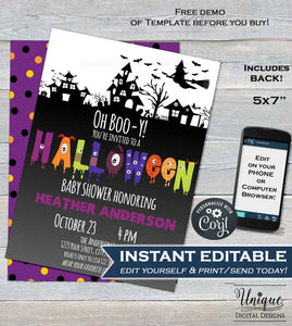 Halloween Baby Shower Invitation, Editable Halloween Baby Boy, Oh Boo-y Baby Shower Costume Party Invite, diy Printable