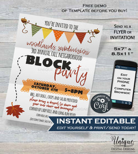 Neighborhood Block Party Invite, Editable Street Party Printable Invitation Neighborhood BBQ Picnic Fall Party,   + Flyer