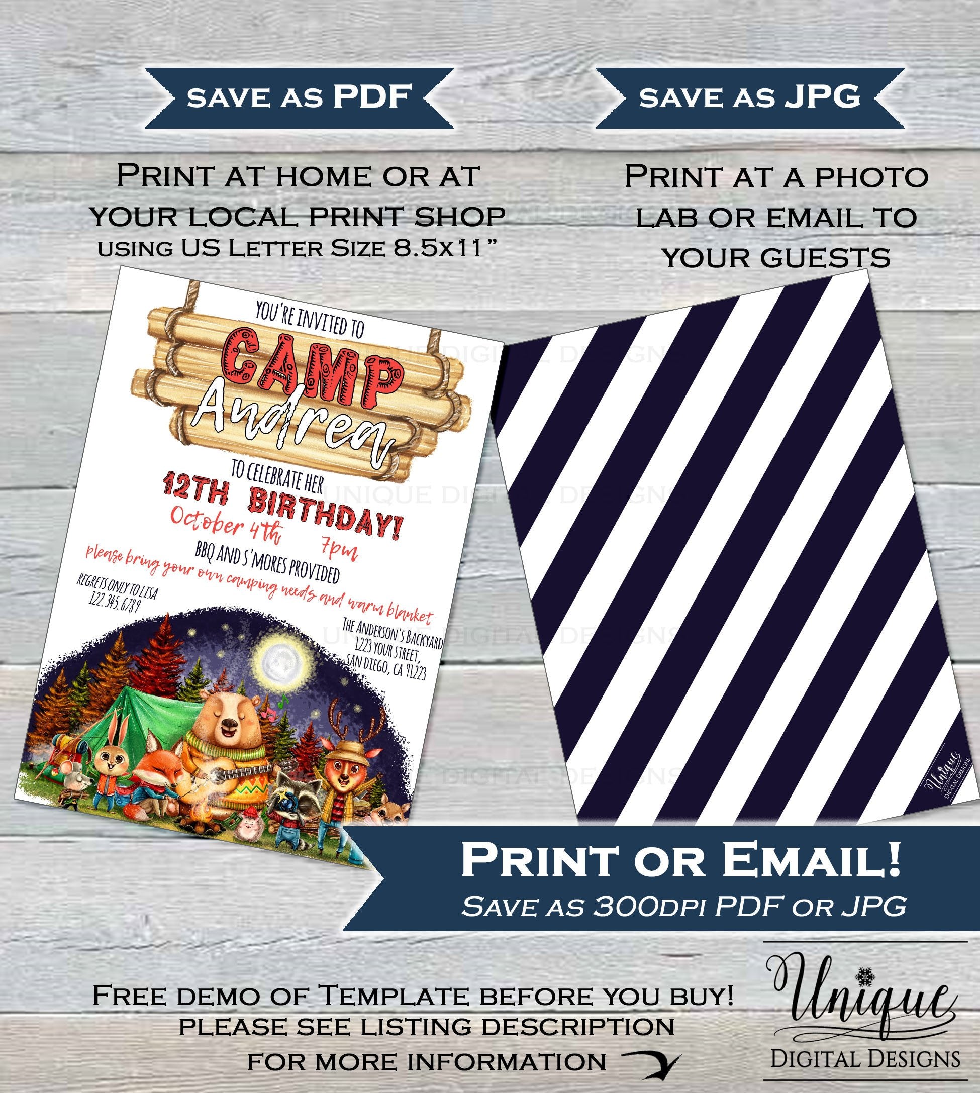 Camping Birthday Invitation, Editable Glamping Invitation, Backyard Bo camping-birthday-invitation-editable-glamping-invitation-backyard-bo