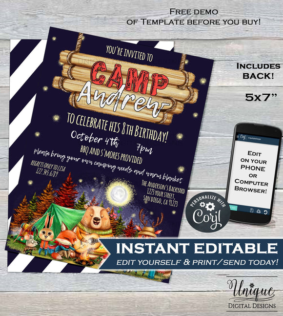 Camping Birthday Invitation, Editable Glamping Invitation, Backyard Bonfire Invite, Camping Sleepover Smores Campout Party INSTANT DOWNLOAD