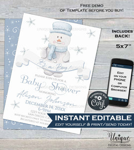 Rustic Christmas Baby Shower Invitation, Editable Boy Baby Shower Invite, It's a Boy Snowman Holiday  Printable
