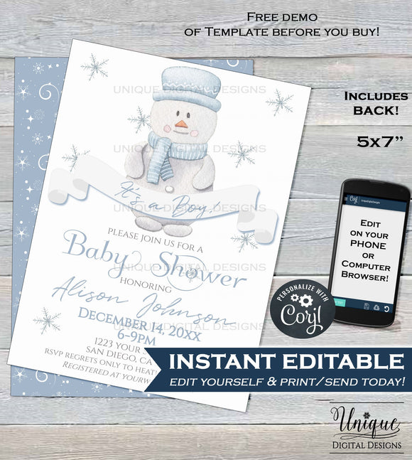 Rustic Christmas Baby Shower Invitation, Editable Boy Baby Shower Invite, It's a Boy Snowman Holiday  Printable