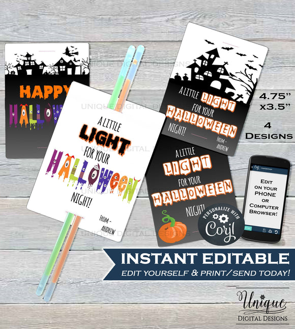 Glow Stick Favor Tags, A little Light for your halloween night, Kids Editable Halloween Favor Tags, Printable Custom Template INSTANT ACCESS