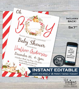 Christmas Baby Shower Invitation, Editable Baby Sprinkle Baby Boy Invite, Oh Boy Christmas Holiday , Printable
