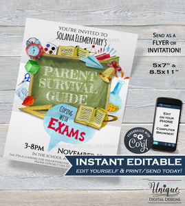 Parent Survival Guide Flyer, Coping with Exams Editable PTA Invitation, Printable School Invitation pto meeting