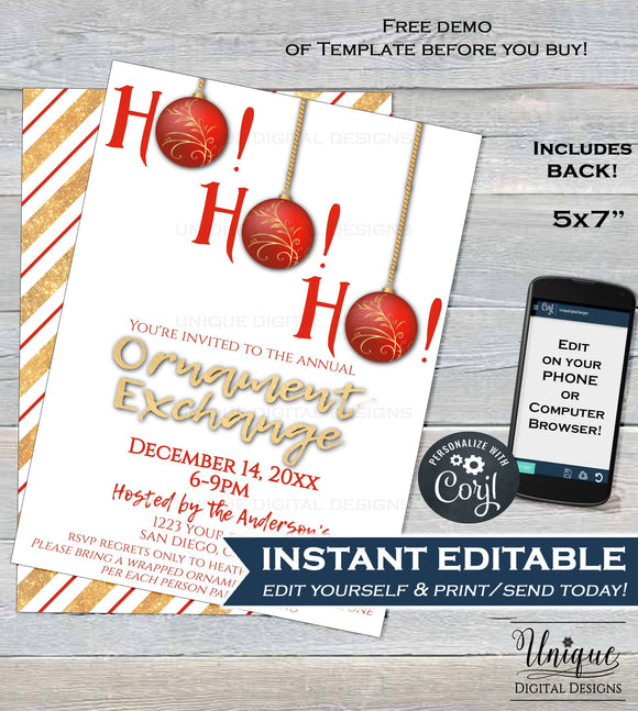Christmas Ornament Exchange Invitation, Editable Ornament Swap Invite, Ho Ho Ho Holiday Party Decoration Gift Printable