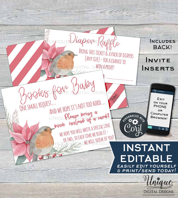 Rustic Diaper Raffle Ticket, Books for Baby Shower Invitation Inserts, Editable Christmas Baby Shower Insert Card Printable