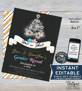 Christmas Gender Reveal Invitation, Editable Baby Shower Christmas Reveal Invite, Sparkle Holiday Baby  Printable