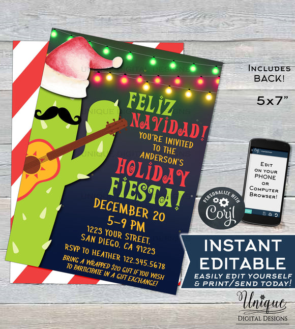 Editable Feliz Navidad Invitation, Holiday Fiesta Invitation, Mexican Christmas Taco bout a Party, Printable