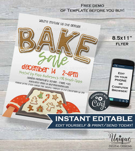 Bake Sale FLYER , Editable Christmas Invitation Printable Holiday Cookie Fundraiser, Community Church School