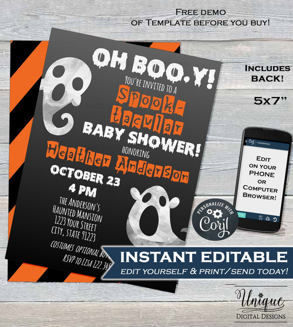 Editable Halloween Baby Shower Invitation, Halloween Baby Boy, Oh Boo-y Baby Ghosts Costume Party Invite, diy Printable