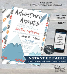 Adventure Awaits baby shower Invitation, Editable Mountain Adventure Begins, A New Adventure, Boy Baby Shower Printable