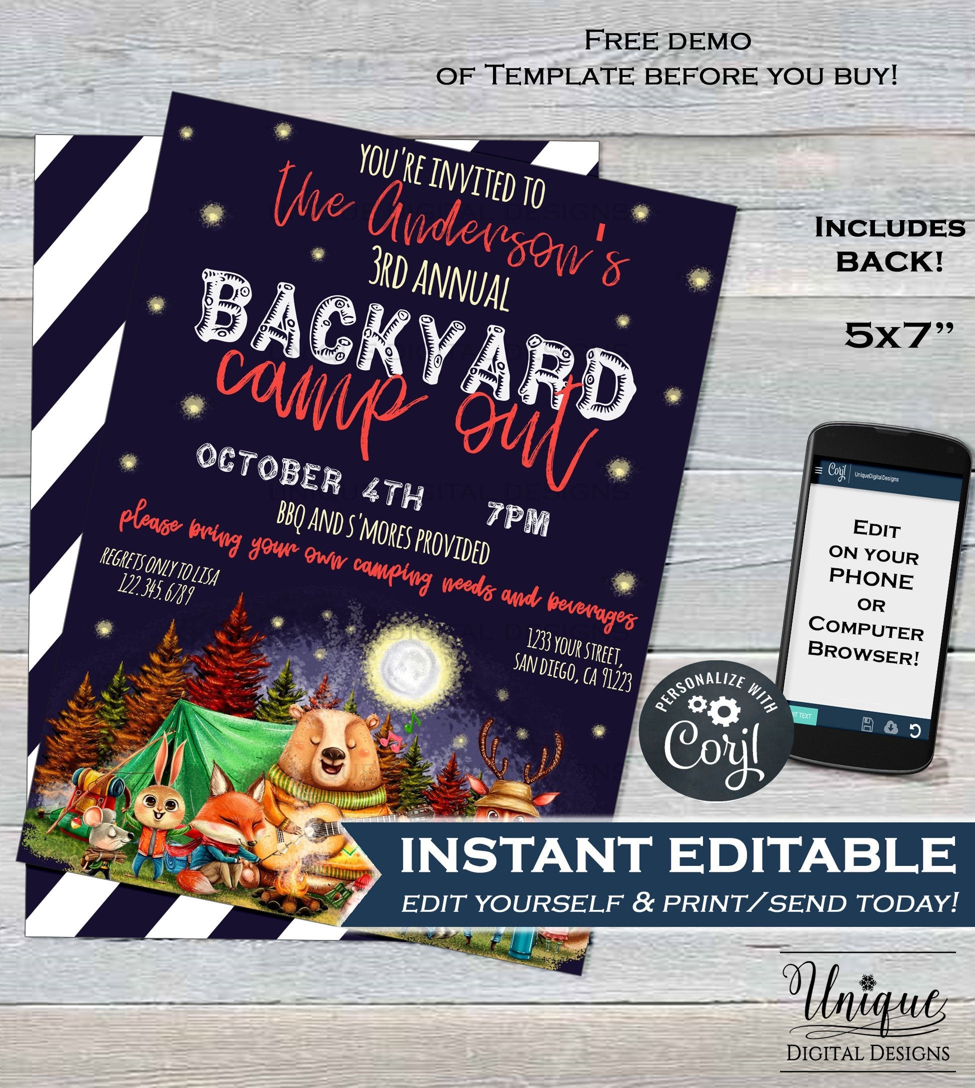 Backyard Camping Invitation, Editable Birthday Bonfire Party Invite, G backyard-camping-invitation-editable-birthday-bonfire-party-invite-g