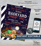Backyard Camping Invitation, Editable Birthday Bonfire Party Invite, Glamping Sleepover Campout Birthday Invitation Smores,