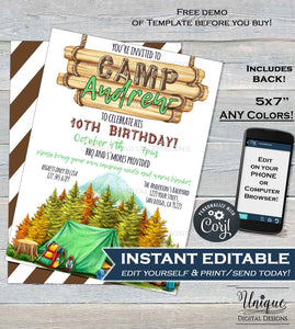 Camping Birthday Invitation, Editable Glamping Invitation, Backyard Bonfire Invite, Campfire Camping Smores Fall Party,