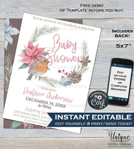 Rustic Christmas Wreath Baby Shower Invitation, Editable Baby Sprinkle Baby Girl Invite Holiday Baby  Printable