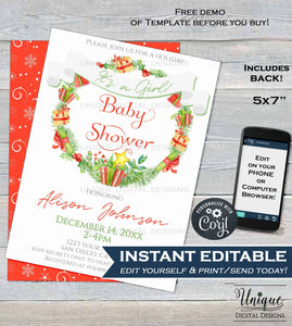 Editable Christmas Wreath Baby Shower Invitation, Baby Sprinkle Baby Girl Invite, Holiday Baby Printable