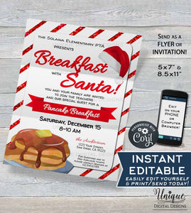 Breakfast with Santa Flyer Invitation, Editable Pancakes with Santa Invite, Church Christmas Santa School, Custom Printable