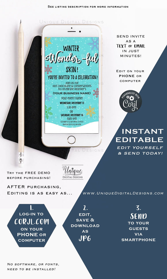 Winter Wonder Invitation, Editable Rodan Business Launch Party BBL Invite, R F Kissmas Winter Skincare, Electronic Digital