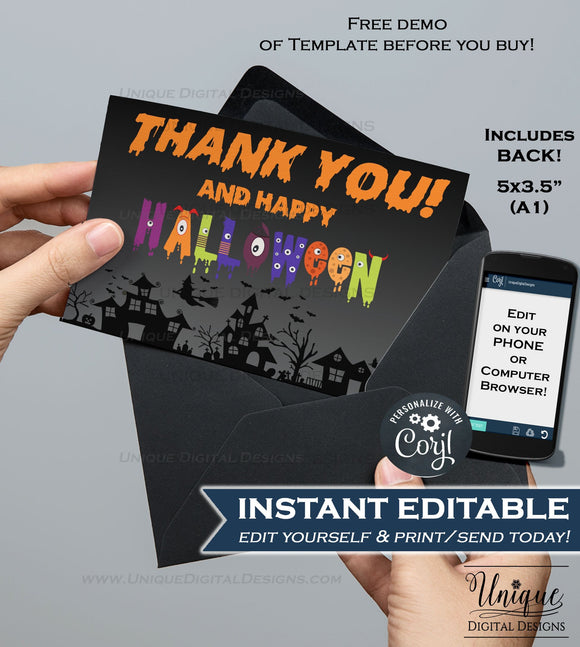 Printable Halloween Thank You Cards, Editable Halloween Thank you, Halloween Party, Folded Card Blank Inside   A1