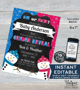 Snowman Gender Reveal Invitation, He or She What will Baby Be Baby Shower Invite, Editable Winter Baby Shower Printable