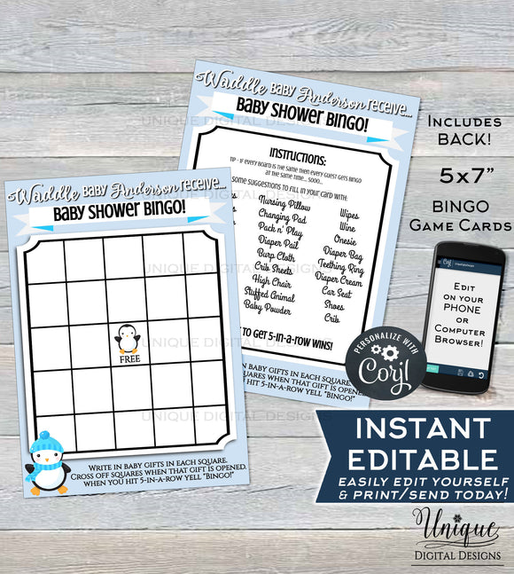 Editable Baby Shower Bingo Cards, Penguin Theme Baby Shower Game, Its a Boy Winter Baby Shower Waddle Custom Blue Printable