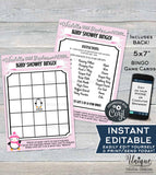 Baby Shower Bingo Card, Editable Penguin Theme Baby Shower Game, Its a Girl Winter Baby Shower Waddle Custom Pink Printable