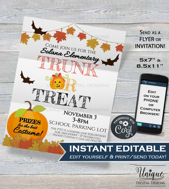 Trunk or Treat Flyer, Editable Halloween Invitation , Kids Church Community School Halloween Event