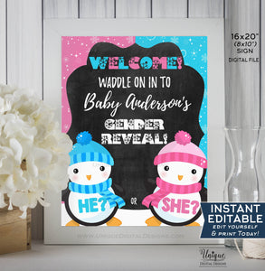 Penguin Gender Reveal Welcome Sign, He or She Waddle Baby Be, Editable Gender Reveal Chalkboard