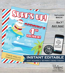 Surfs Up Santa, Editable Christmas Birthday Invitation, Summer Beach Boy Birthday Invite - ANY Age - Printable