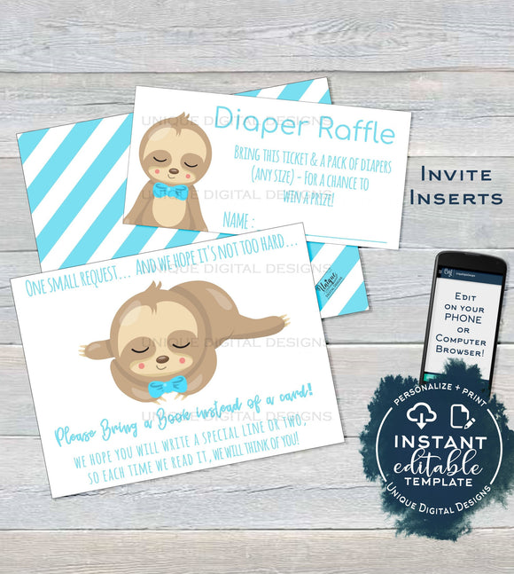 Sloth Baby Shower Diaper Raffle Ticket, Books for Baby Shower Invitation Inserts Editable Sloth theme Baby Shower Gift Card