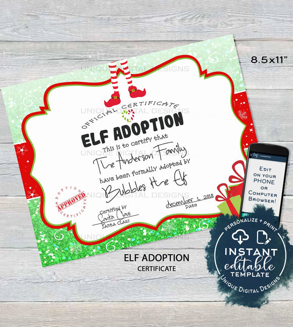 Editable Elf Adoption Certificate, Elf Adoption Letter, Custom Santa Certified, North Pole, Christmas Elf Letter Printable