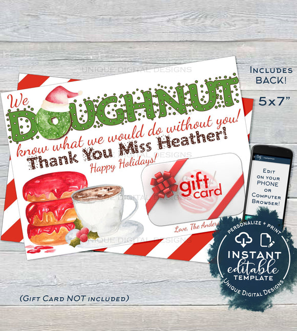Donut Thank You Gift Card holder, Editable Christmas Thank You Doughnut, School Teacher Coffee and Donut  Printable