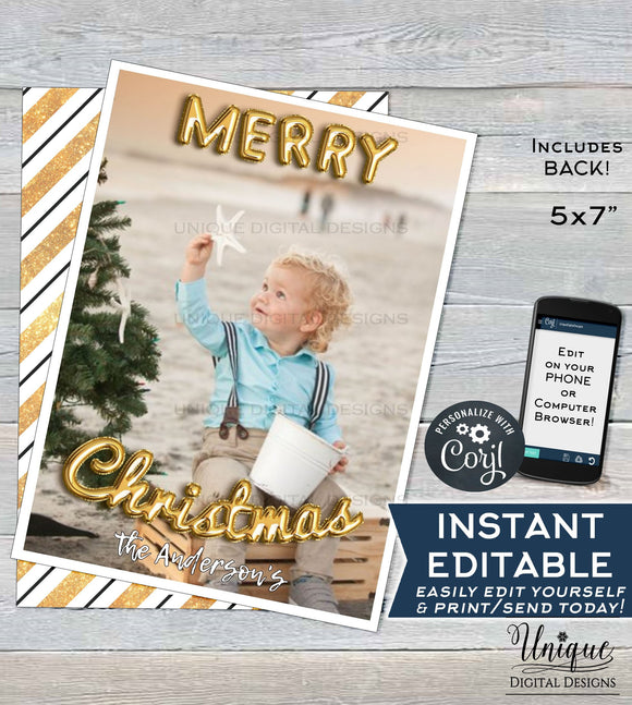 Editable Photo Christmas Card  Printable, Christmas Card with photo, Holiday Cards Photo Greeting, Gold Black