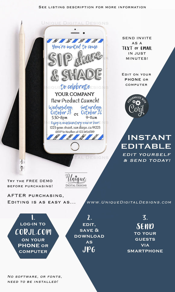 Sip Share and Shade Invitation, Rodan Sip Shop Invite Editable RF Business Launch Electronic Invite Digital Smartphone Invitation