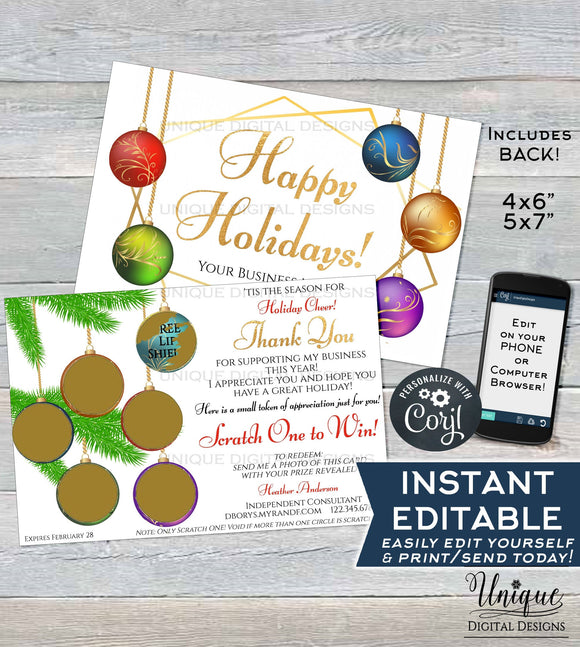 Printable Rodan and Happy Holiday Cards, MLM Skincare Christmas Scratch Off, Thanks Preferred Customer Christmas Gift, Custom INSTANT ACCESS