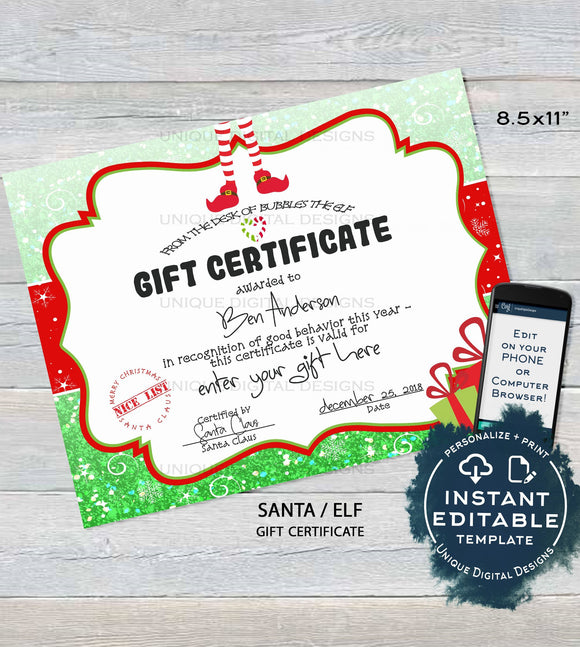 Gift Certificate , Editable Gift Certificate from Santa, Custom Santa Letter, Last Minute Christmas Elf Printable,