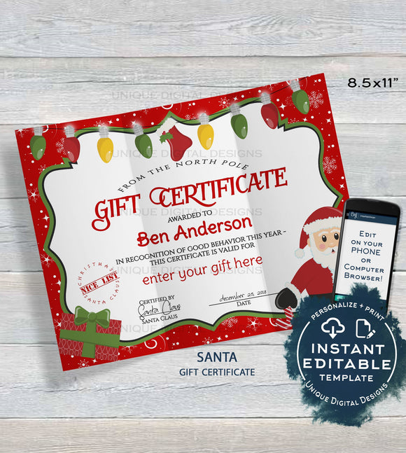 Gift Certificate , Editable Gift Certificate from Santa, Custom Santa Letter, Last Minute Christmas Gift Printable,