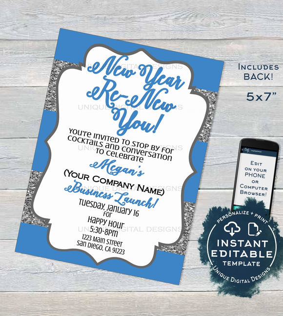 Editable Skincare Printable Invitation, Rodan and Business Launch Party BBL Invite, R F Renew your skin New Years Glitter